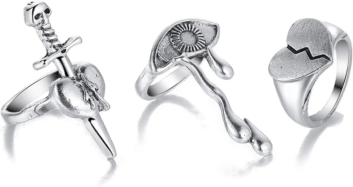 Boho Sliver Knuckle Stackable Rings Sets for Woman Teens Girls,Punk Men Vintage Evil Eye Heart Sword Rings Set Gothic Stacking Joint Finger Rings Pack