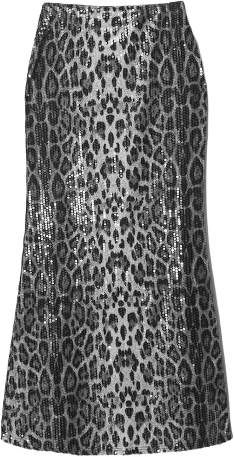 BOLLEY JOSS Womens Sequin Leopard Print Party Long Skirt Retro Low Waisted Slim Plunge Sparkle Pencil Skirts