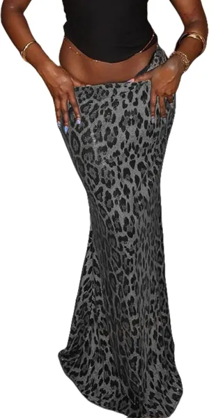 BOLLEY JOSS Womens Sequin Leopard Print Party Long Skirt Retro Low Waisted Slim Plunge Sparkle Pencil Skirts