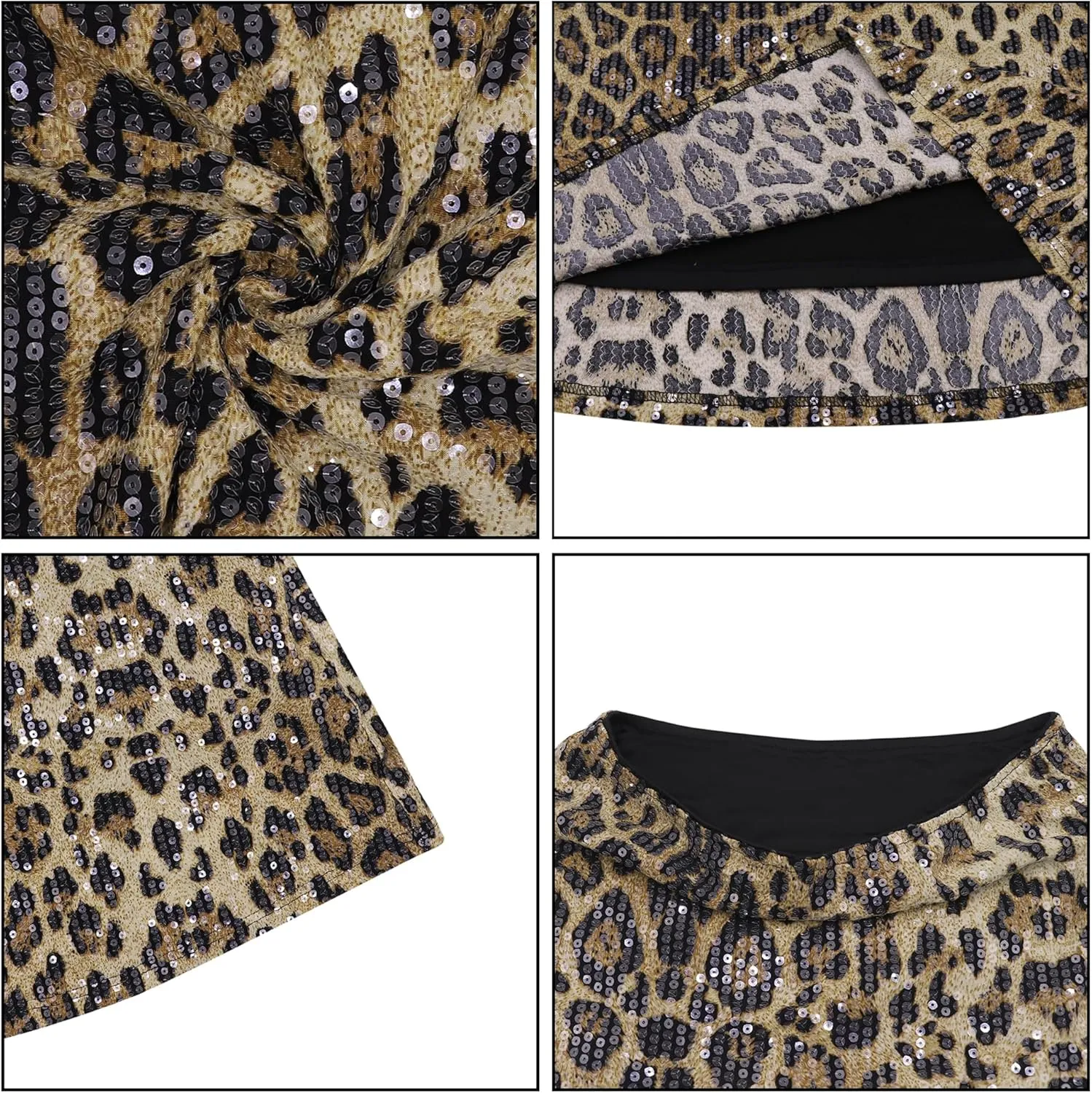 BOLLEY JOSS Womens Sequin Leopard Print Party Long Skirt Retro Low Waisted Slim Plunge Sparkle Pencil Skirts