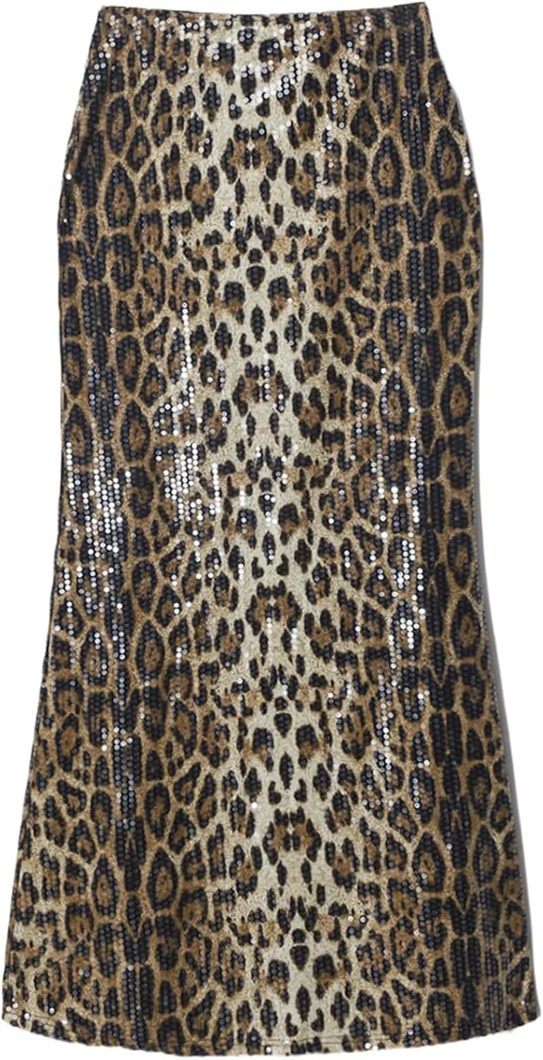 BOLLEY JOSS Womens Sequin Leopard Print Party Long Skirt Retro Low Waisted Slim Plunge Sparkle Pencil Skirts