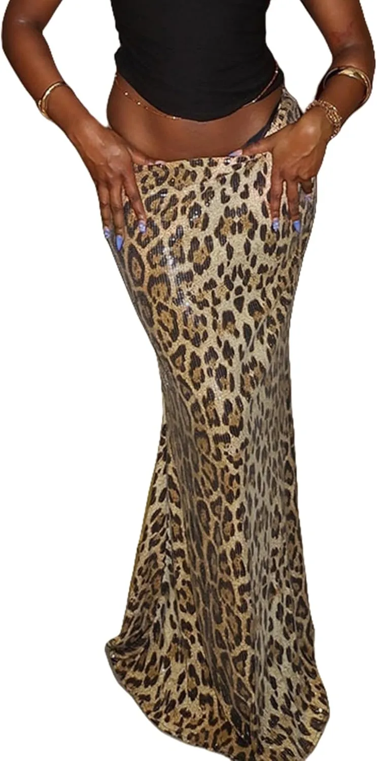 BOLLEY JOSS Womens Sequin Leopard Print Party Long Skirt Retro Low Waisted Slim Plunge Sparkle Pencil Skirts