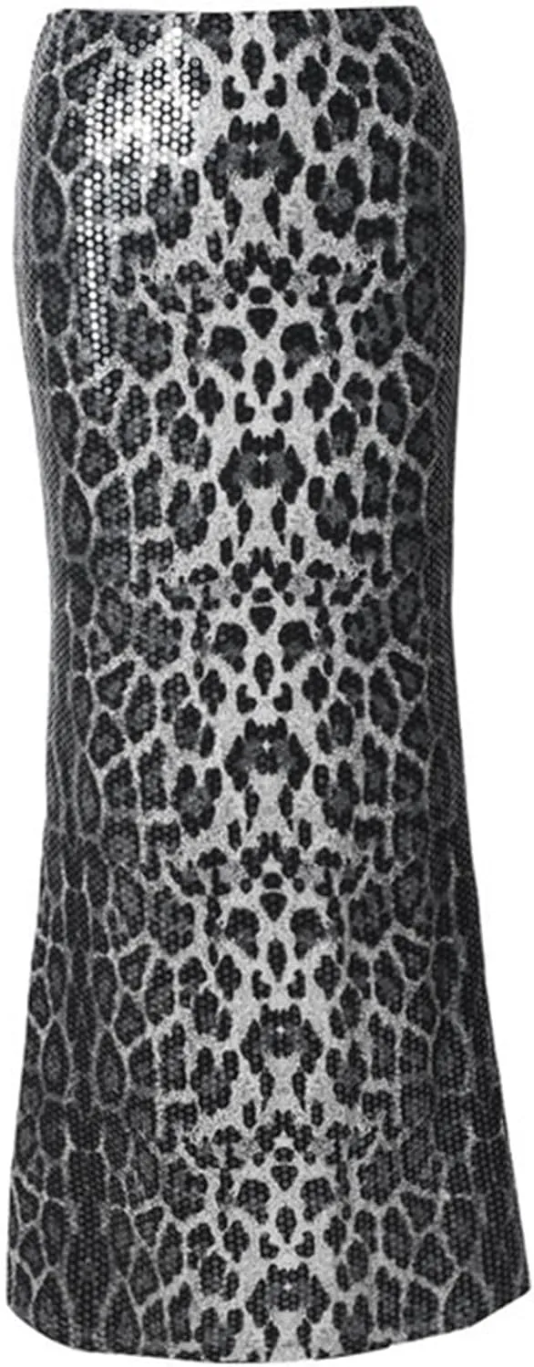 BOLLEY JOSS Womens Sequin Leopard Print Party Long Skirt Retro Low Waisted Slim Plunge Sparkle Pencil Skirts