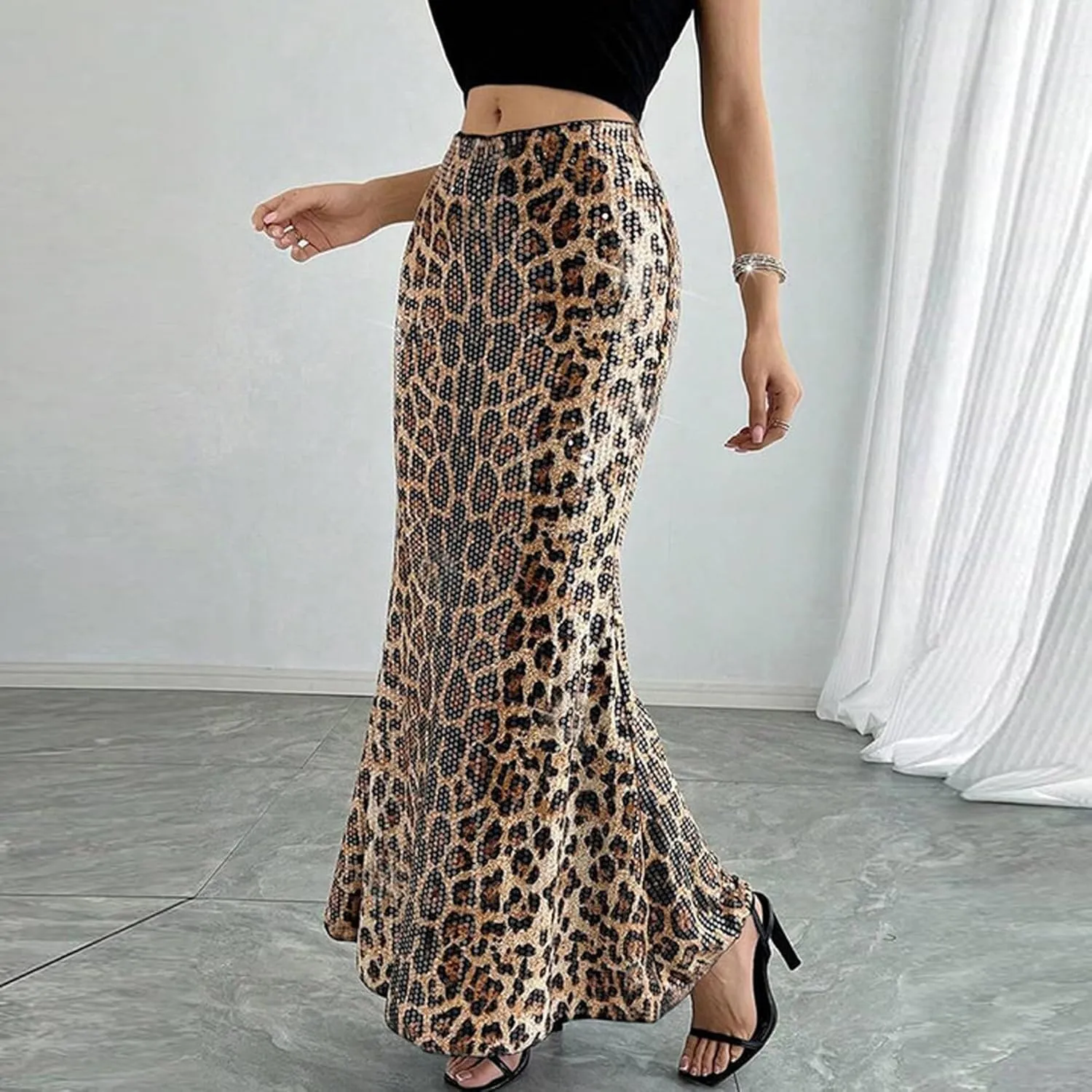 BOLLEY JOSS Womens Sequin Leopard Print Party Long Skirt Retro Low Waisted Slim Plunge Sparkle Pencil Skirts