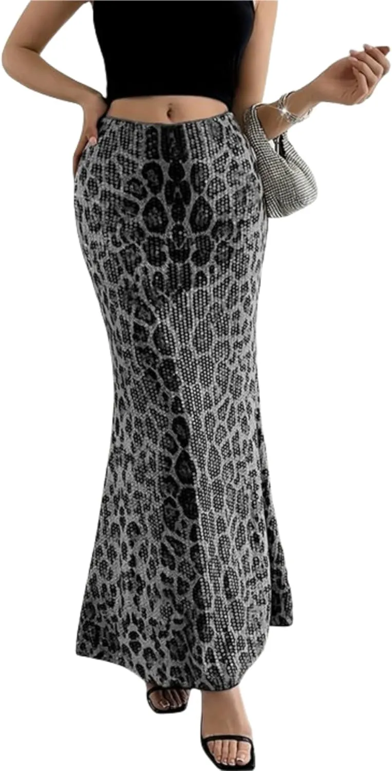 BOLLEY JOSS Womens Sequin Leopard Print Party Long Skirt Retro Low Waisted Slim Plunge Sparkle Pencil Skirts
