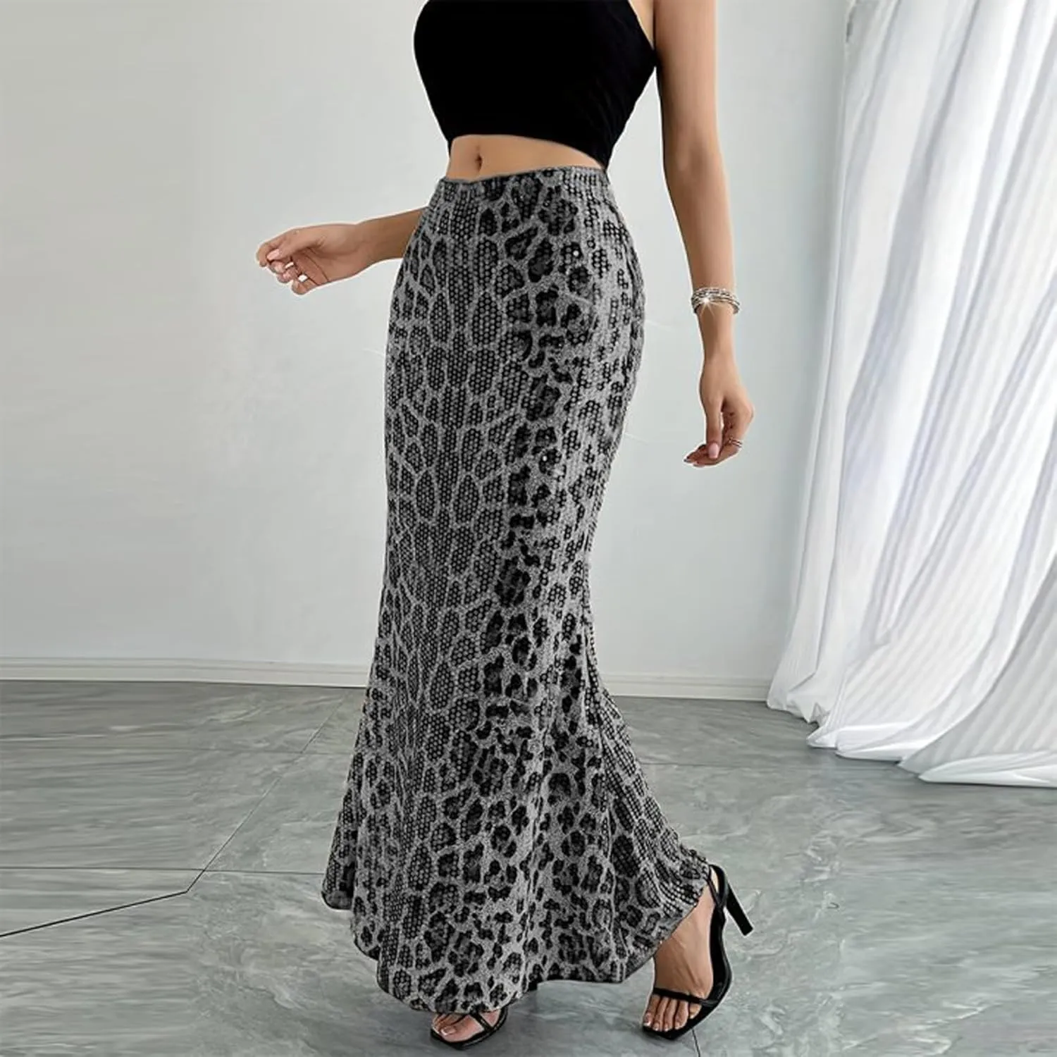 BOLLEY JOSS Womens Sequin Leopard Print Party Long Skirt Retro Low Waisted Slim Plunge Sparkle Pencil Skirts