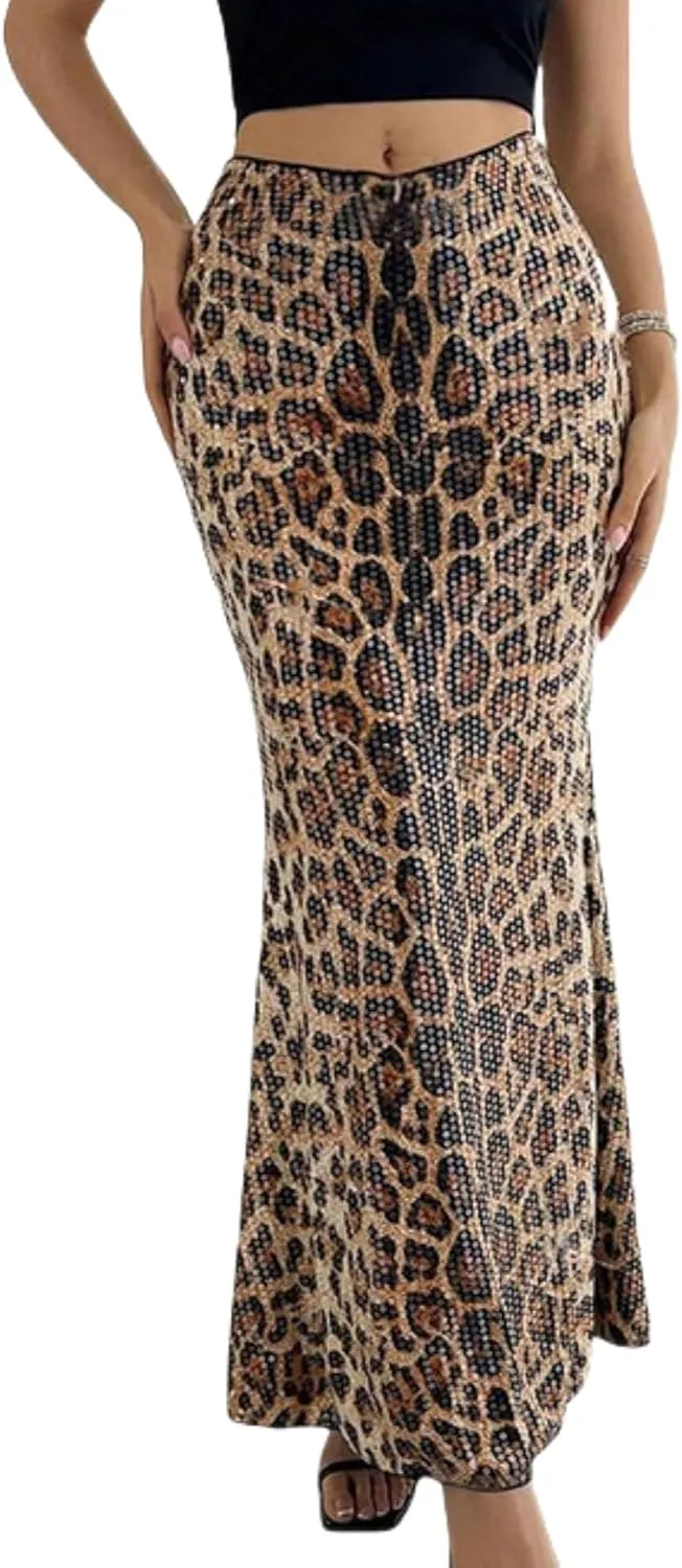 BOLLEY JOSS Womens Sequin Leopard Print Party Long Skirt Retro Low Waisted Slim Plunge Sparkle Pencil Skirts