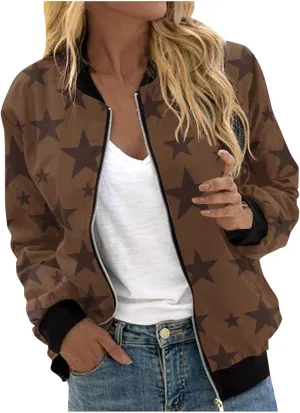Bomber Jacket Women Star Printed Casual Coat Zip Up Outerwear Windbreaker with Pockets 2024 Fall Fashion Clothes