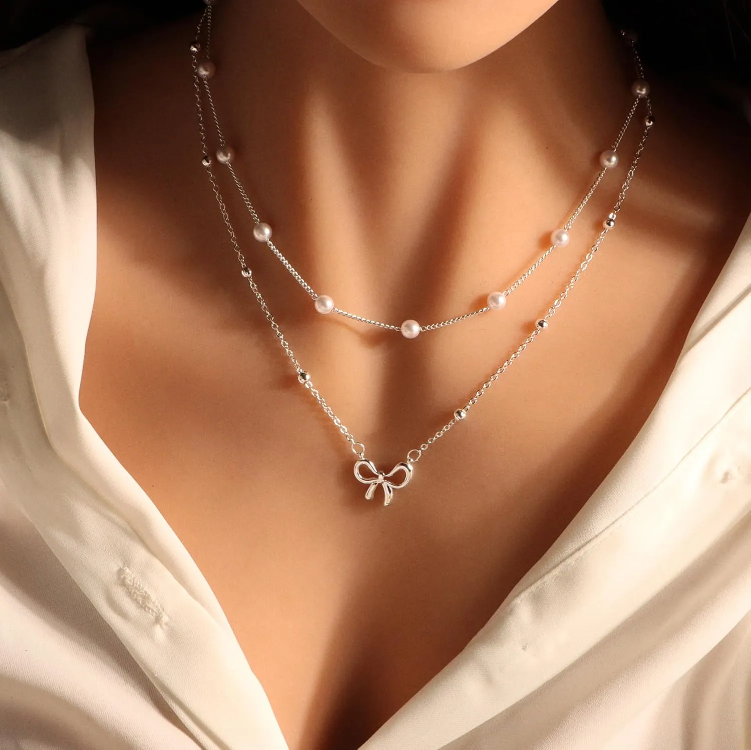 Bow Necklace Layered Necklaces for Women Trendy 14k Gold Silver Plated Pearl Choker Necklace Beaded Chain Bow Pendants Necklaces Set Cute Jewelry Gifts