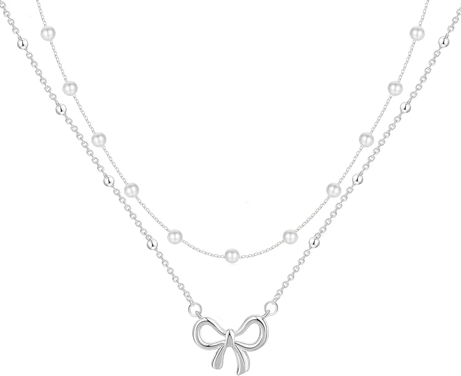 Bow Necklace Layered Necklaces for Women Trendy 14k Gold Silver Plated Pearl Choker Necklace Beaded Chain Bow Pendants Necklaces Set Cute Jewelry Gifts