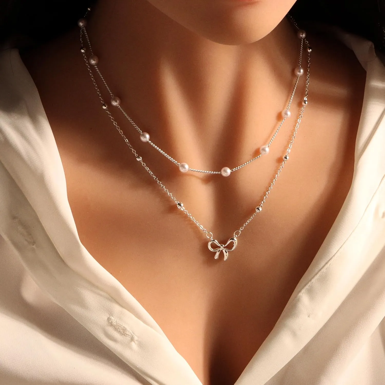 Bow Necklace Layered Necklaces for Women Trendy 14k Gold Silver Plated Pearl Choker Necklace Beaded Chain Bow Pendants Necklaces Set Cute Jewelry Gifts