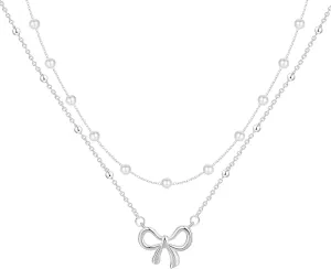 Bow Necklace Layered Necklaces for Women Trendy 14k Gold Silver Plated Pearl Choker Necklace Beaded Chain Bow Pendants Necklaces Set Cute Jewelry Gifts