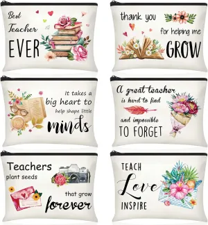 Buryeah 6 Pcs Teacher Appreciation Gifts Teacher Canvas Cosmetic Makeup Bags Toiletry Bag with Zipper for Travel Holiday Bulk(Retro)