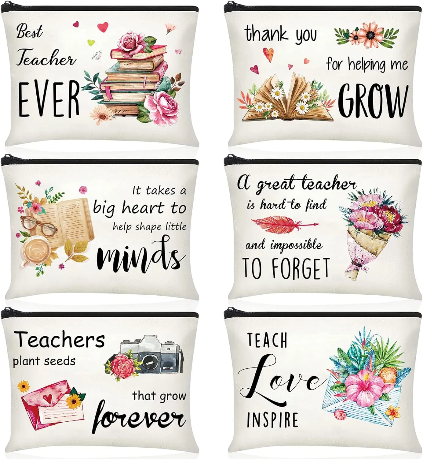 Buryeah 6 Pcs Teacher Appreciation Gifts Teacher Canvas Cosmetic Makeup Bags Toiletry Bag with Zipper for Travel Holiday Bulk(Retro)