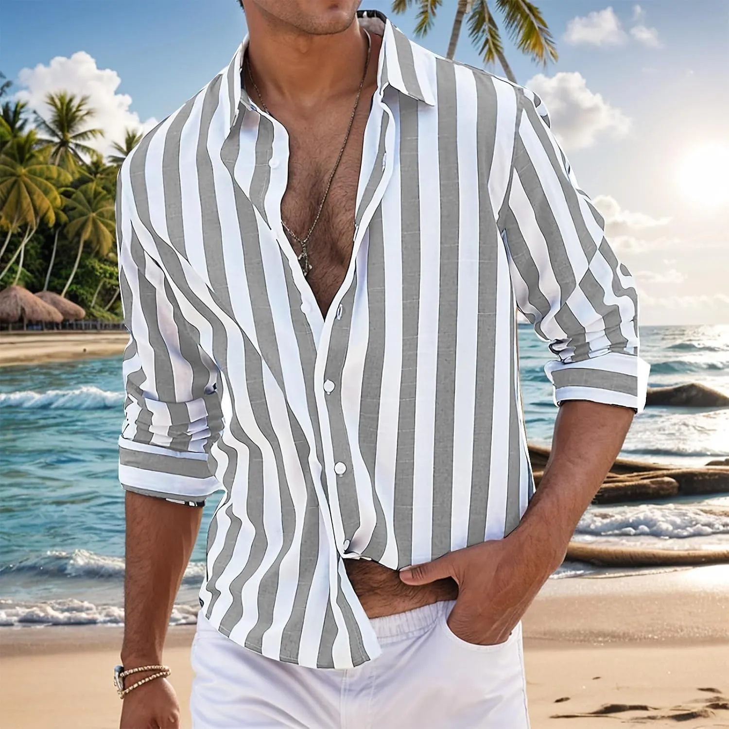 Button Down Linen Shirts for Men Striped Loose Fit Casual Long Sleeve Tops Cotton Linen Spring Summer Beach Shirts