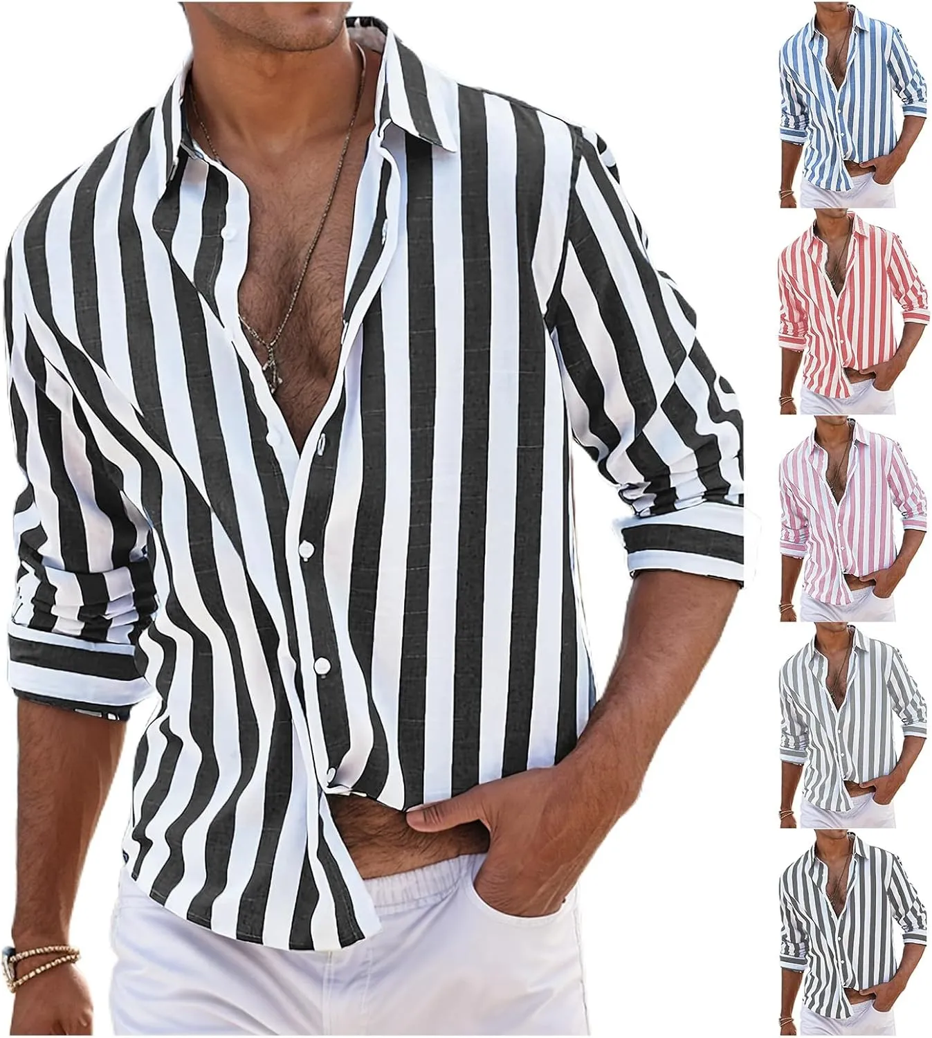 Button Down Linen Shirts for Men Striped Loose Fit Casual Long Sleeve Tops Cotton Linen Spring Summer Beach Shirts