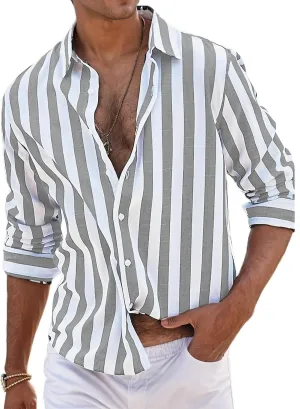 Button Down Linen Shirts for Men Striped Loose Fit Casual Long Sleeve Tops Cotton Linen Spring Summer Beach Shirts