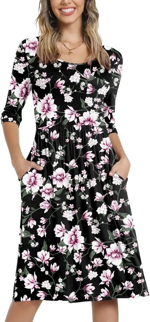 CATHY Women's 3/4 Sleeve 2025 Casual High Waist Round Neck Midi Dress with Pockets
