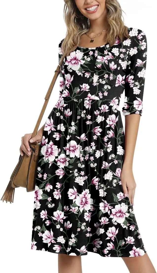 CATHY Women's 3/4 Sleeve 2025 Casual High Waist Round Neck Midi Dress with Pockets