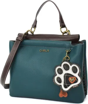CHALA Charming Satchel with Adjustable Strap - B&W Paw Print - Turquoise