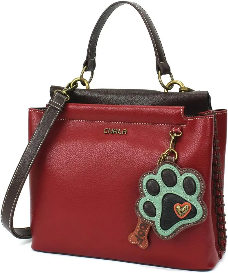 CHALA Charming Satchel with Adjustable Strap - Paw Print - Burgundy