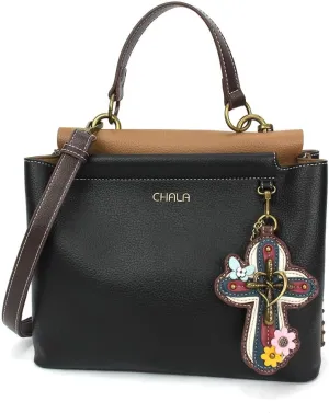CHALA Charming Satchel Womens Tote Handbag with Forearm Strap and Detachable Crossbody Strap - Darling Cross - black