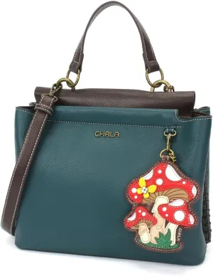 CHALA Charming Satchel Womens Tote Handbag with Forearm Strap and Detachable Crossbody Strap - Mushrooms - turquoise