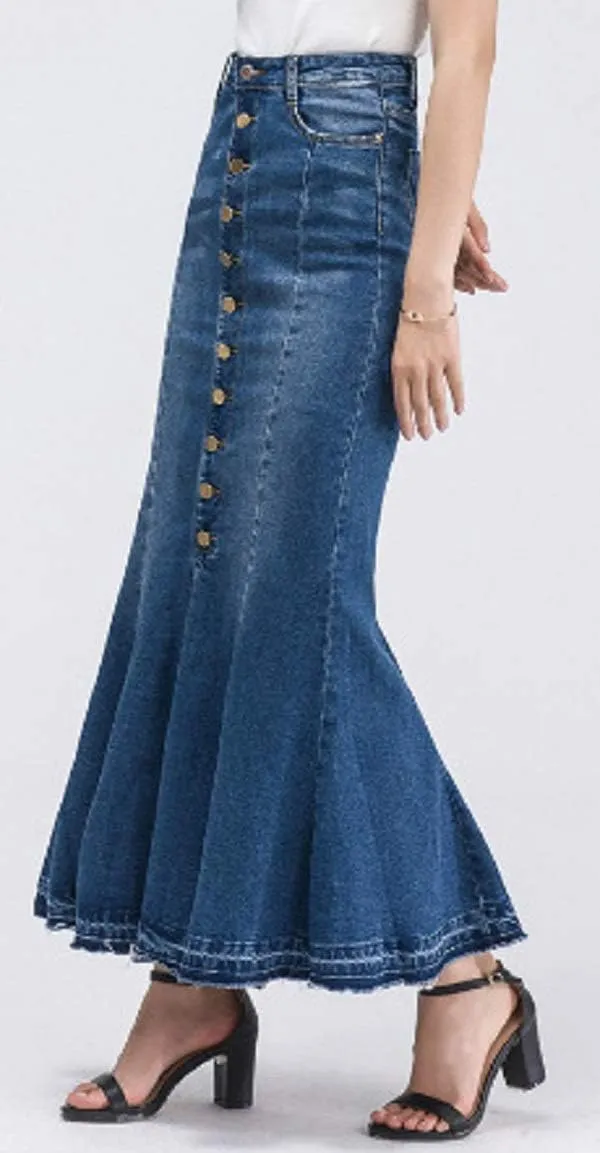 CHARTOU Women's Elegant Exposed Button-Fly Flared Mermaid Long Denim Skirt