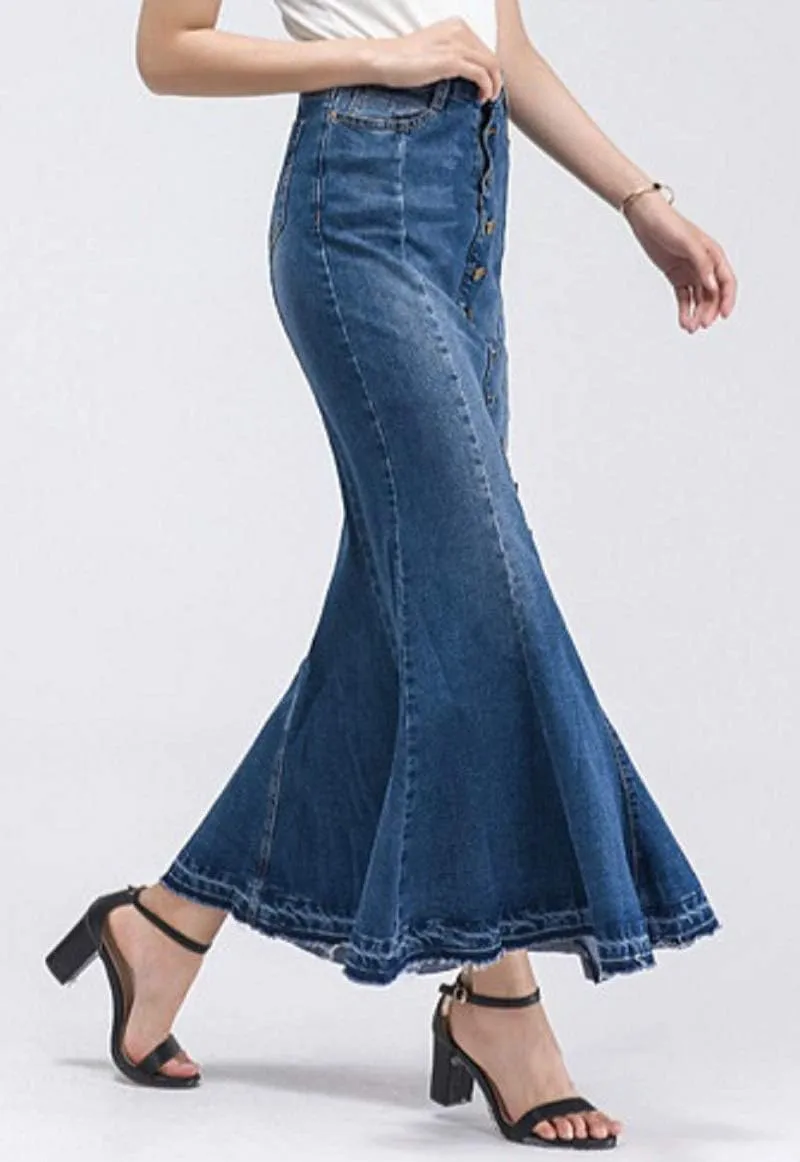 CHARTOU Women's Elegant Exposed Button-Fly Flared Mermaid Long Denim Skirt