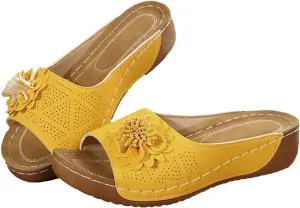 Chic Flowers Orthopedic Sandals for Women Summer Beach Comfortable Sandals Wedge Low Open Toe Slides Fish Mouth Leather Slippers Dressy Casual Slip-On with Arch Support