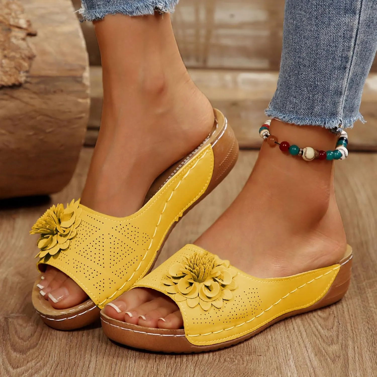 Chic Flowers Orthopedic Sandals for Women Summer Beach Comfortable Sandals Wedge Low Open Toe Slides Fish Mouth Leather Slippers Dressy Casual Slip-On with Arch Support