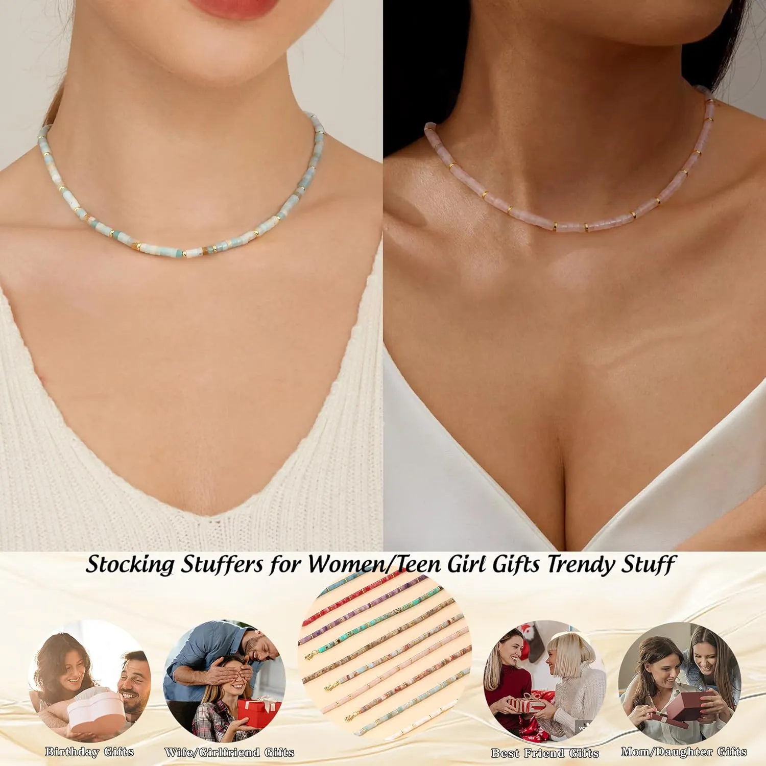 Choker Necklace for Women,Gemstone Beaded Necklace Choker Necklaces for Women Stocking Stuffers for Teens Gifts for Her Adjustable 14k Gold Anniversary Birthday Christmas Jewelry