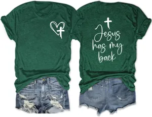 Christian T Shirts for Women Jesus Has My Back Graphic Tees Religious Faith Inspirational Tshirts Casual Tops
