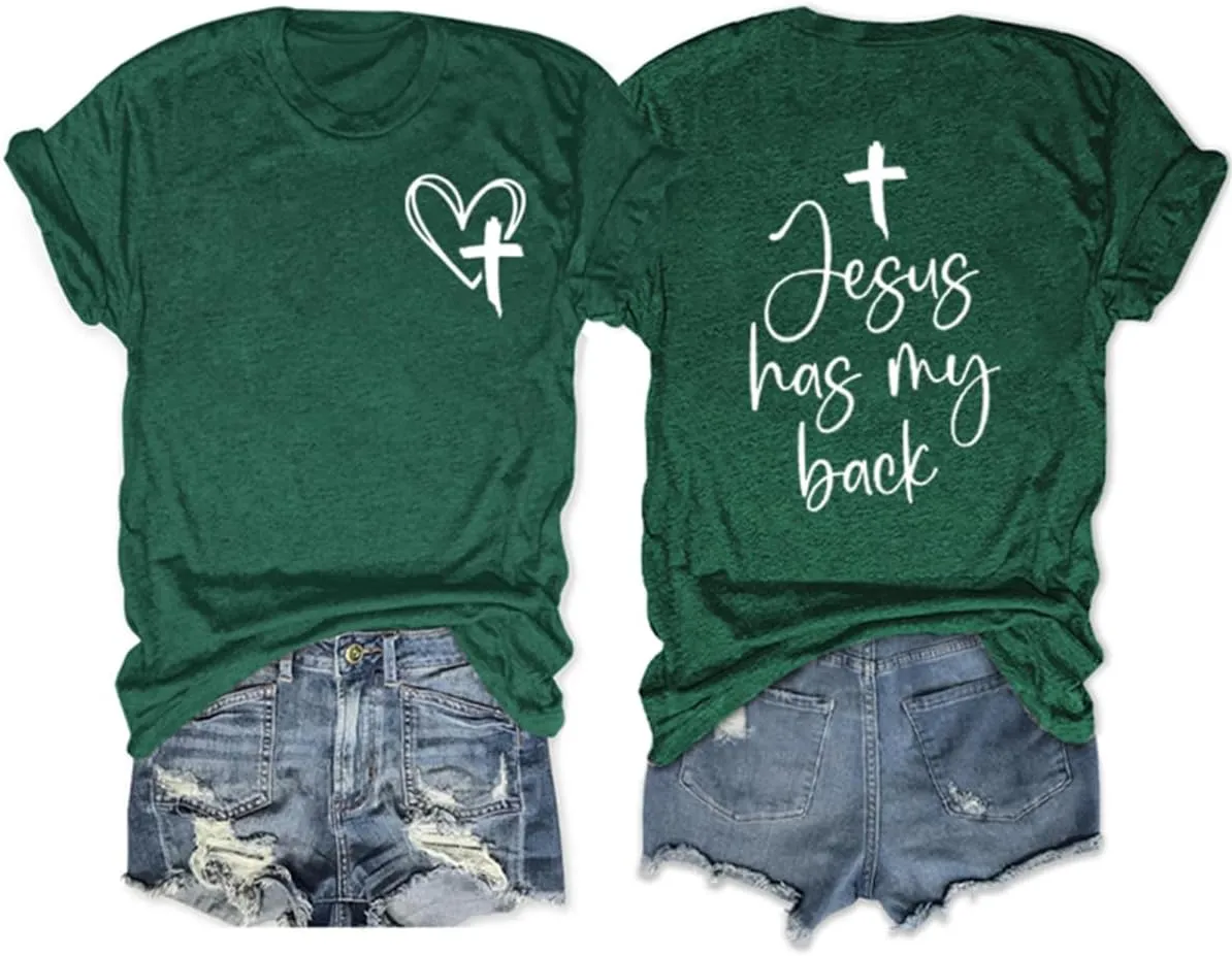 Christian T Shirts for Women Jesus Has My Back Graphic Tees Religious Faith Inspirational Tshirts Casual Tops