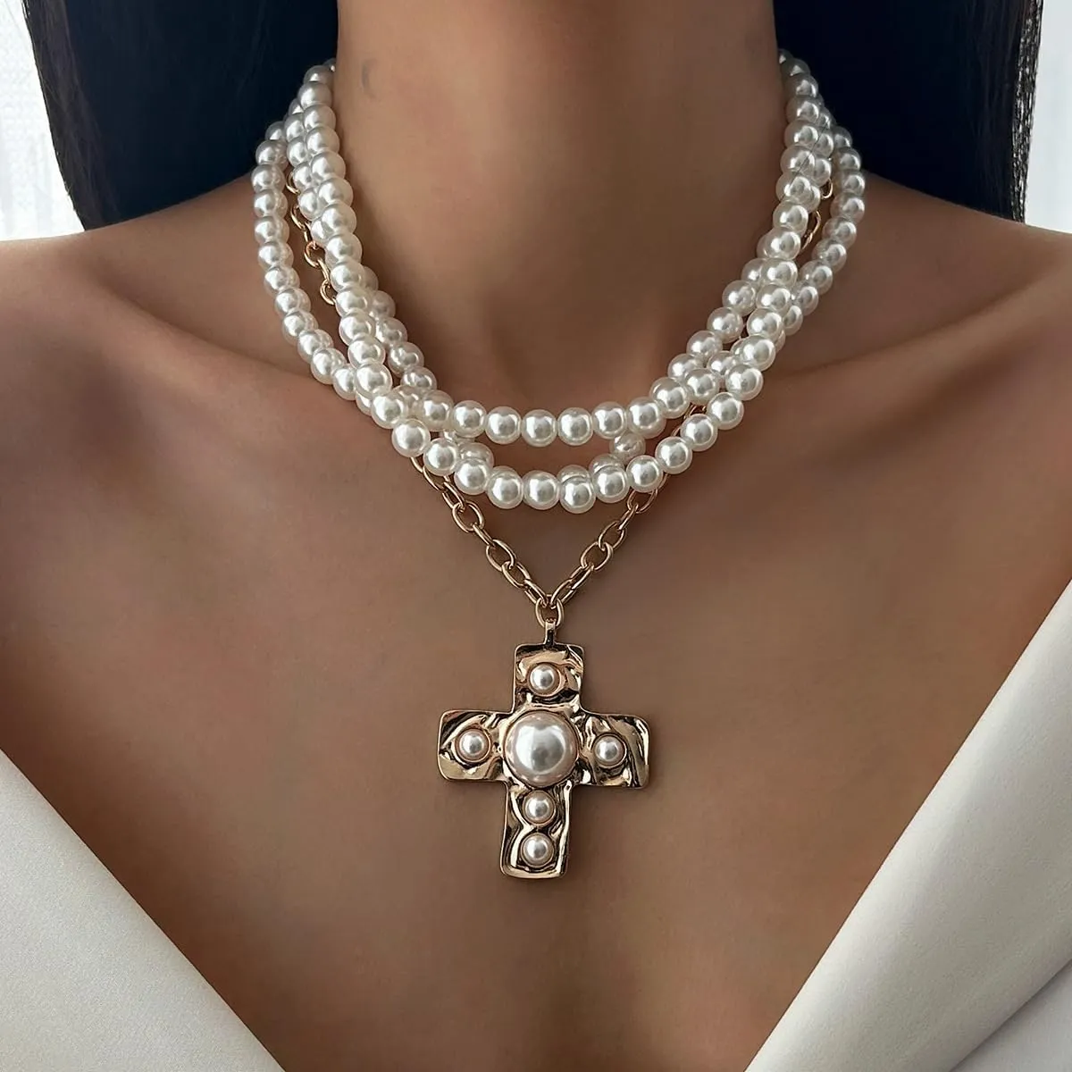Chunky Cross Necklace for Women Hammered Bold Cross Pearl Layered Necklace Baroque Pearl Costume Jewelry