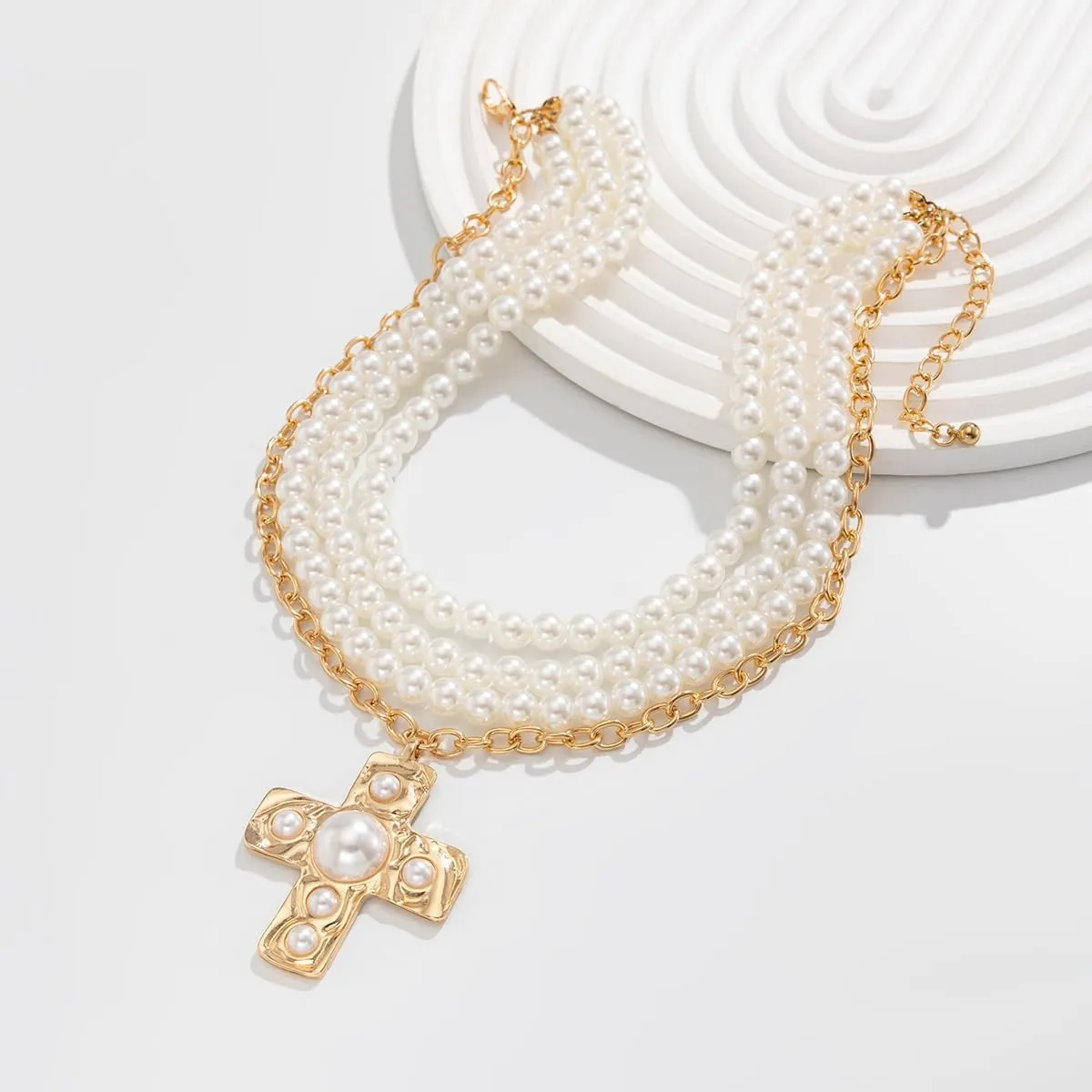 Chunky Cross Necklace for Women Hammered Bold Cross Pearl Layered Necklace Baroque Pearl Costume Jewelry