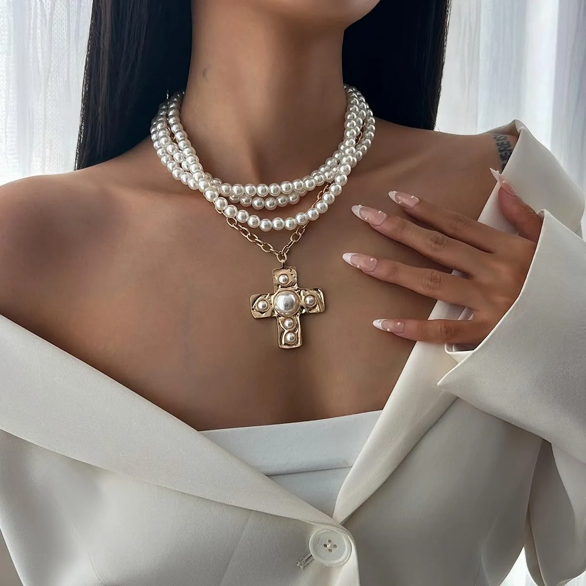 Chunky Cross Necklace for Women Hammered Bold Cross Pearl Layered Necklace Baroque Pearl Costume Jewelry