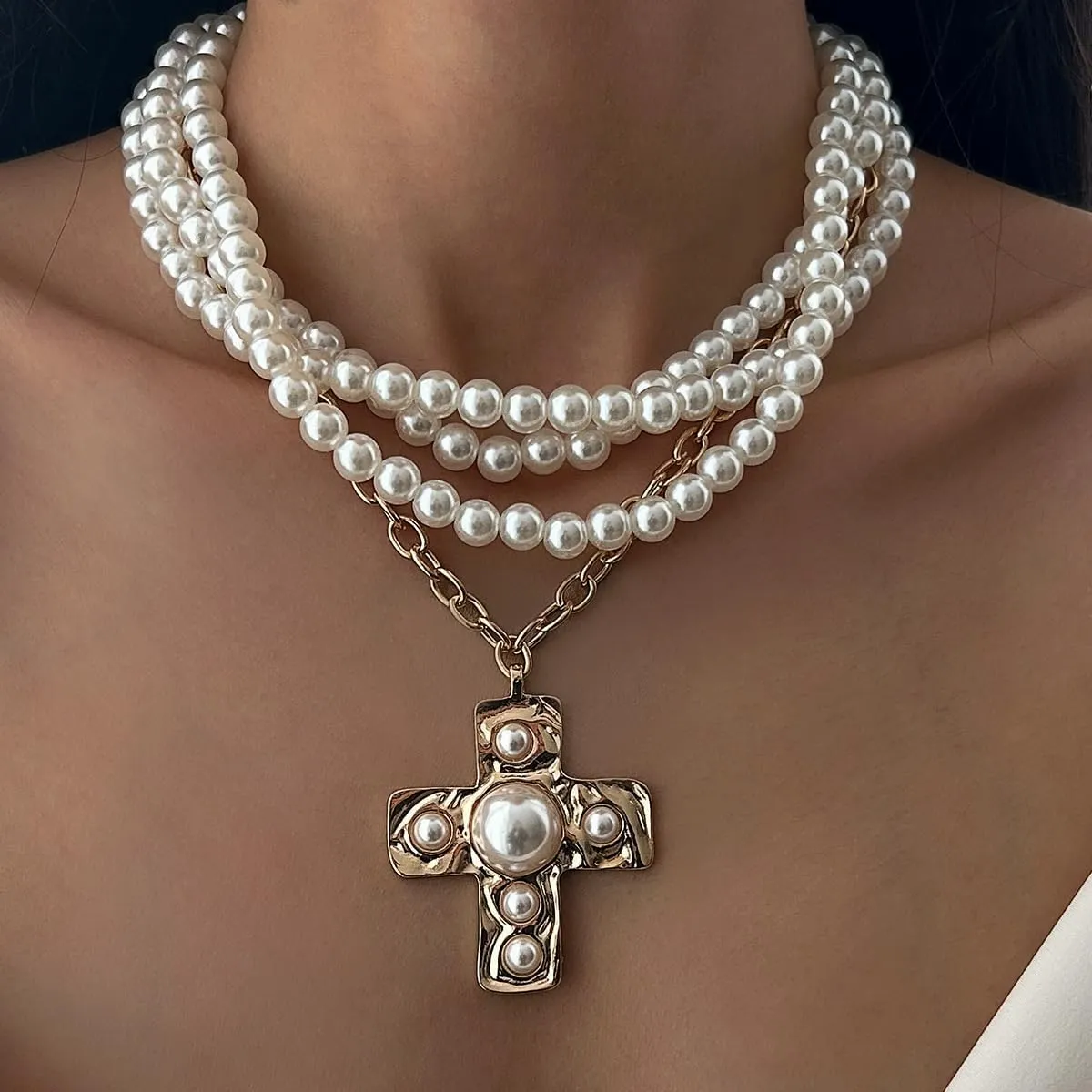 Chunky Cross Necklace for Women Hammered Bold Cross Pearl Layered Necklace Baroque Pearl Costume Jewelry