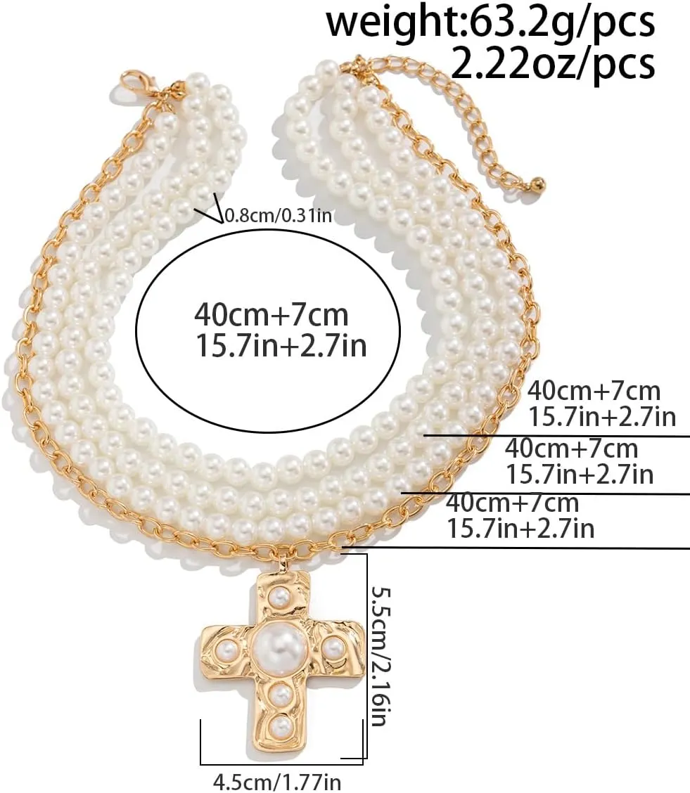 Chunky Cross Necklace for Women Hammered Bold Cross Pearl Layered Necklace Baroque Pearl Costume Jewelry