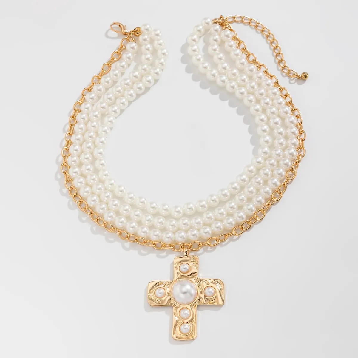 Chunky Cross Necklace for Women Hammered Bold Cross Pearl Layered Necklace Baroque Pearl Costume Jewelry