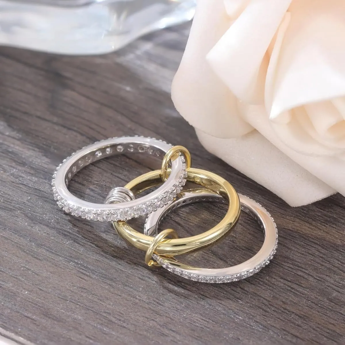 Chunky Gold Stackable Rings for women Multi-Link Connected Ring Non Tarnish 18 K Gold Plated Statement Set Dainty CZ Cubic Zirconia Silver Trendy Fashion Ring Jewelry Gift for Christmas