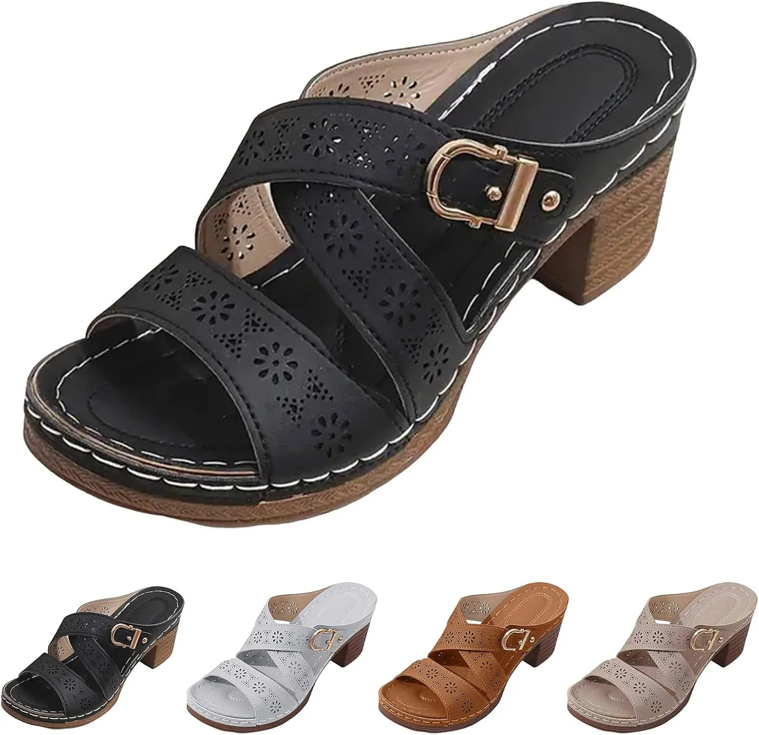 Chunky Sandals for Women Dressy Flower Cut Out Wedges Sandals Comfortable Slides Walking Flip Flops Lightweight Fashion Sandal Summer Beach Shoes