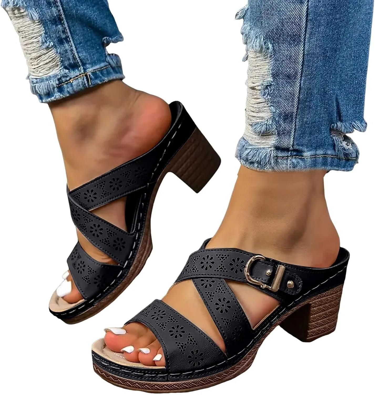 Chunky Sandals for Women Dressy Flower Cut Out Wedges Sandals Comfortable Slides Walking Flip Flops Lightweight Fashion Sandal Summer Beach Shoes