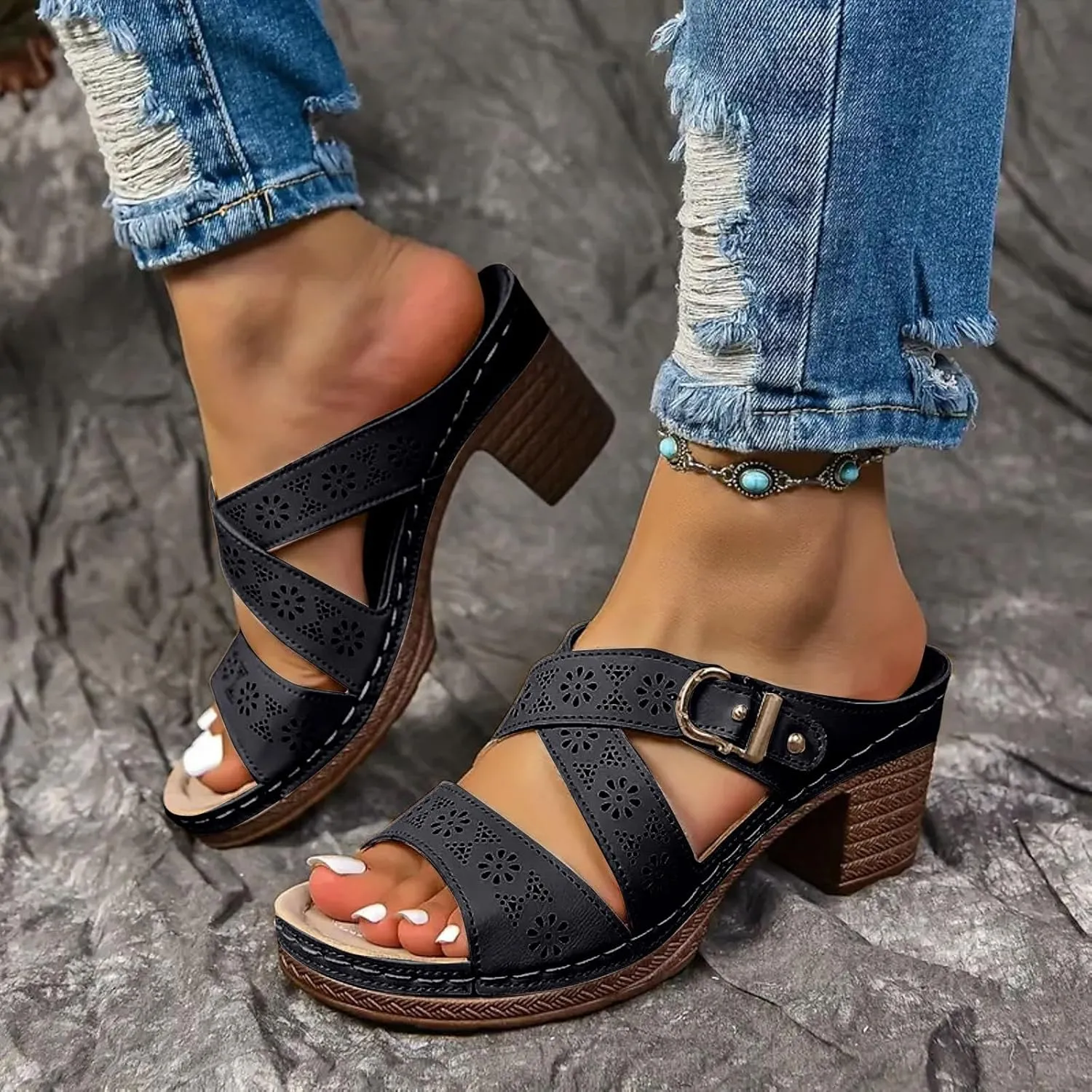 Chunky Sandals for Women Dressy Flower Cut Out Wedges Sandals Comfortable Slides Walking Flip Flops Lightweight Fashion Sandal Summer Beach Shoes
