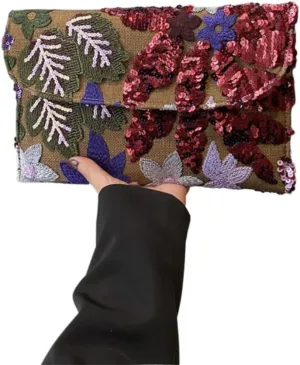Clutch Bag for Women Evening Handbag Sequin Leaf Purse Vintage Embroidered Elegant for Wedding Party
