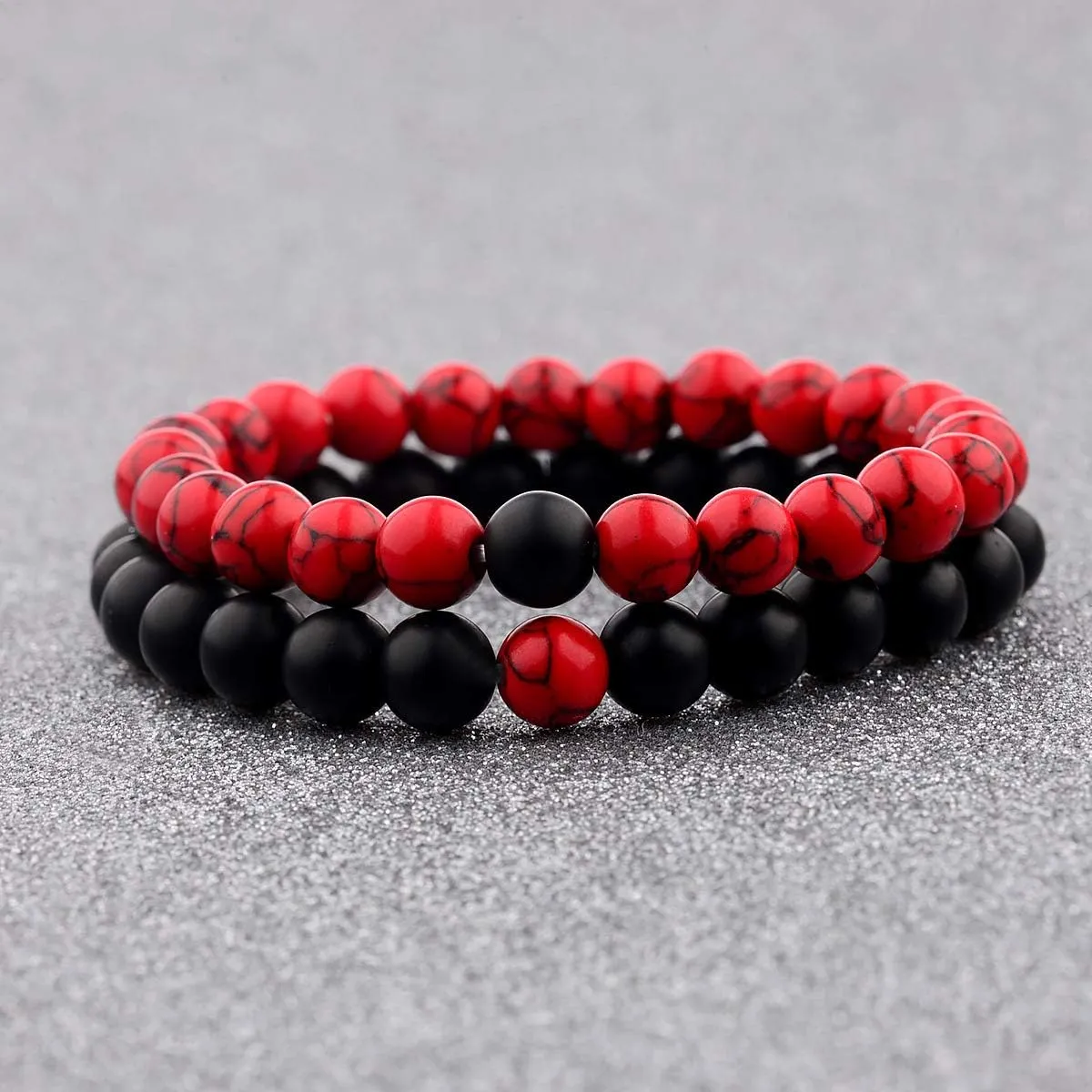 CNLQ Long Distance Bracelets For Lovers Couples Matching Gift Matte Agate 8mm Bead Stone (Elastic Red)