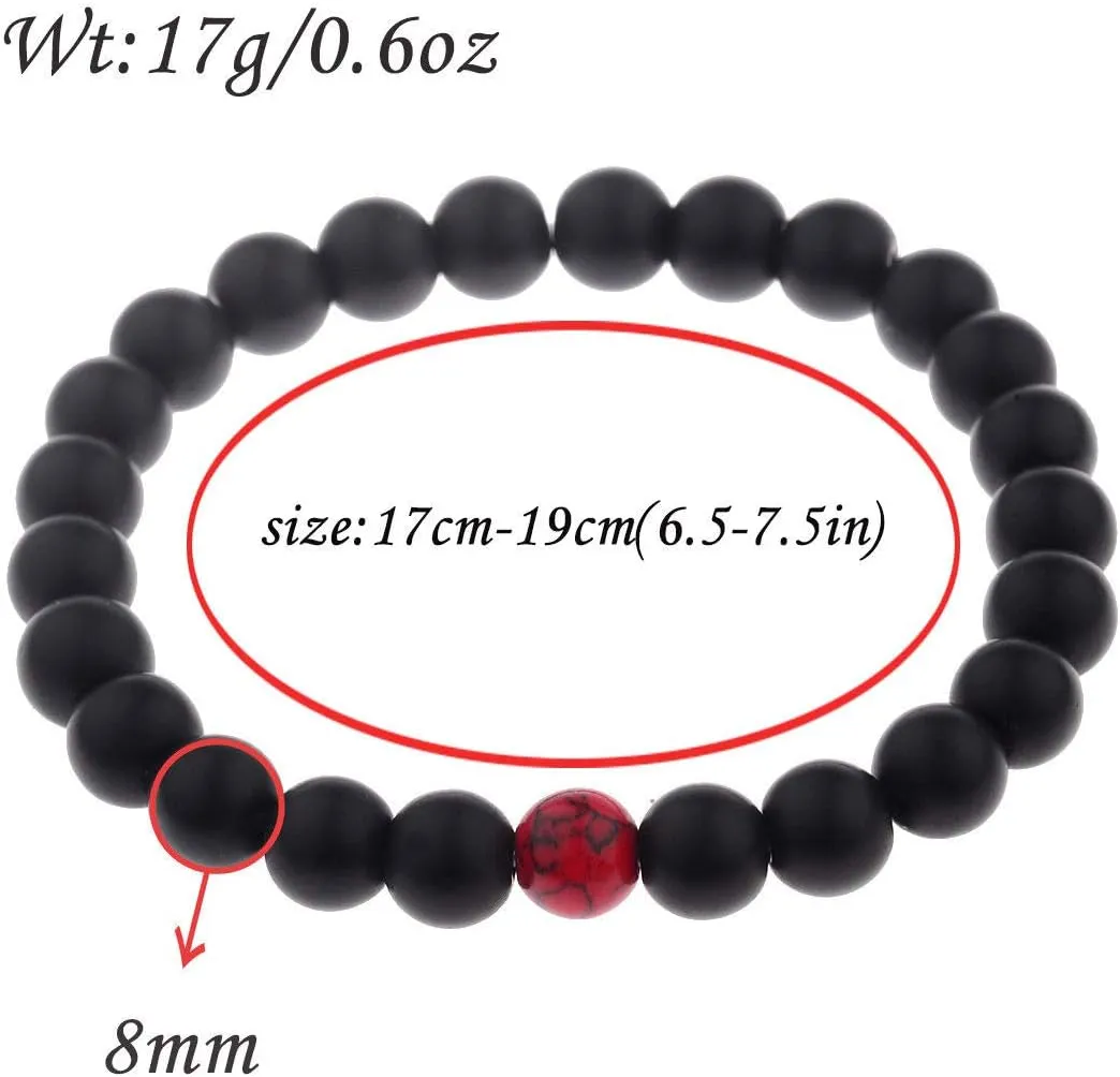 CNLQ Long Distance Bracelets For Lovers Couples Matching Gift Matte Agate 8mm Bead Stone (Elastic Red)
