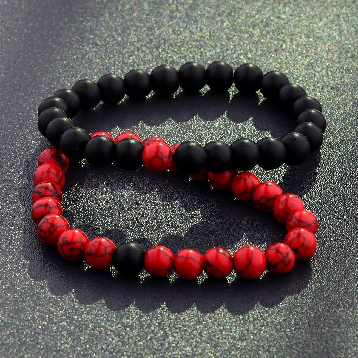 CNLQ Long Distance Bracelets For Lovers Couples Matching Gift Matte Agate 8mm Bead Stone (Elastic Red)
