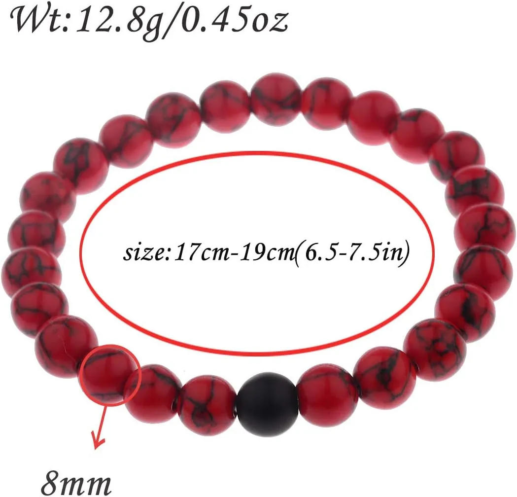 CNLQ Long Distance Bracelets For Lovers Couples Matching Gift Matte Agate 8mm Bead Stone (Elastic Red)