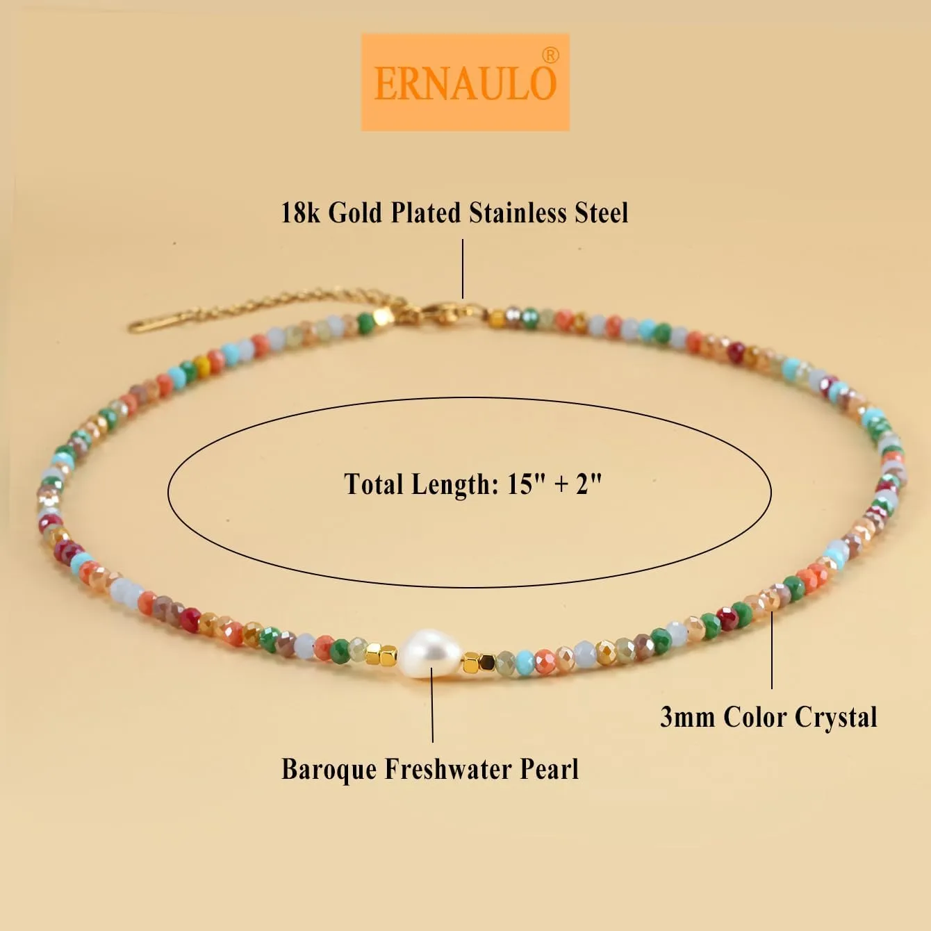 Colorful Beaded Necklaces for Women Crystal Bead Necklace Beach Necklaces Boho Necklaces for Women Pearl Beaded Choker Necklace Stainless Steel 18K Gold Plated Choker
